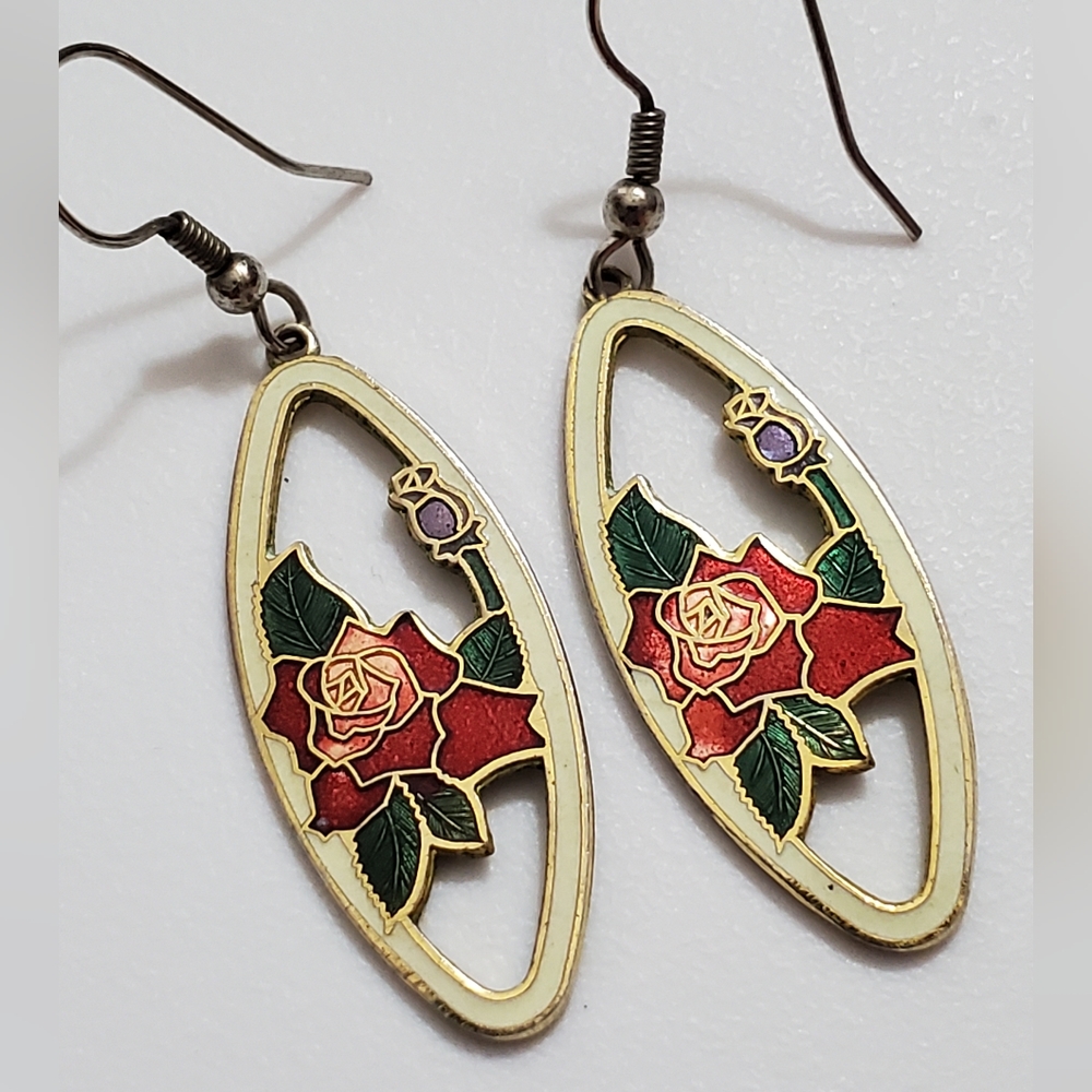 Vintage rose cloisonne gold earrings Chinese enamel flower vtg